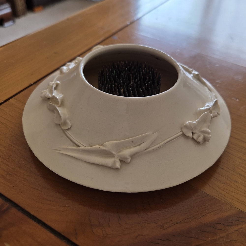 Ikebana Flower Frog Bowl With Kenzan (Metal Pin Frog) Signed Art Pottery
